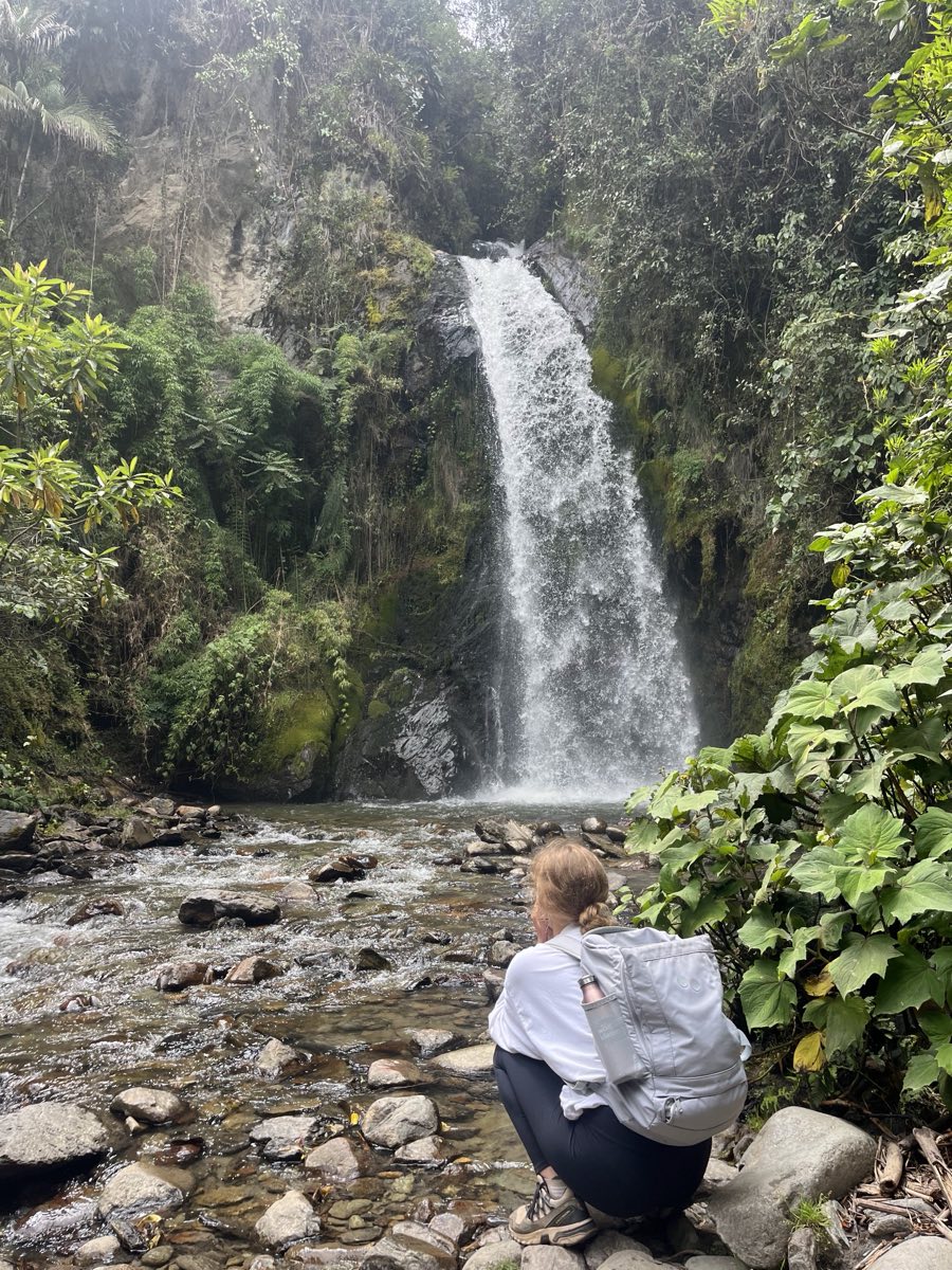 Viajera sentada frente a una cascada en el bosque de niebla, camino a La Carbonera