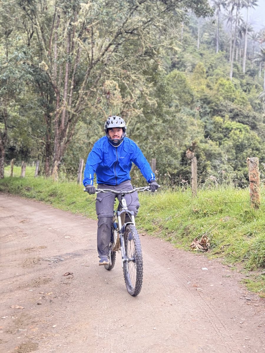 Ciclista en la trocha de montaña hacia La Carbonera, con palmas de cera al fondo